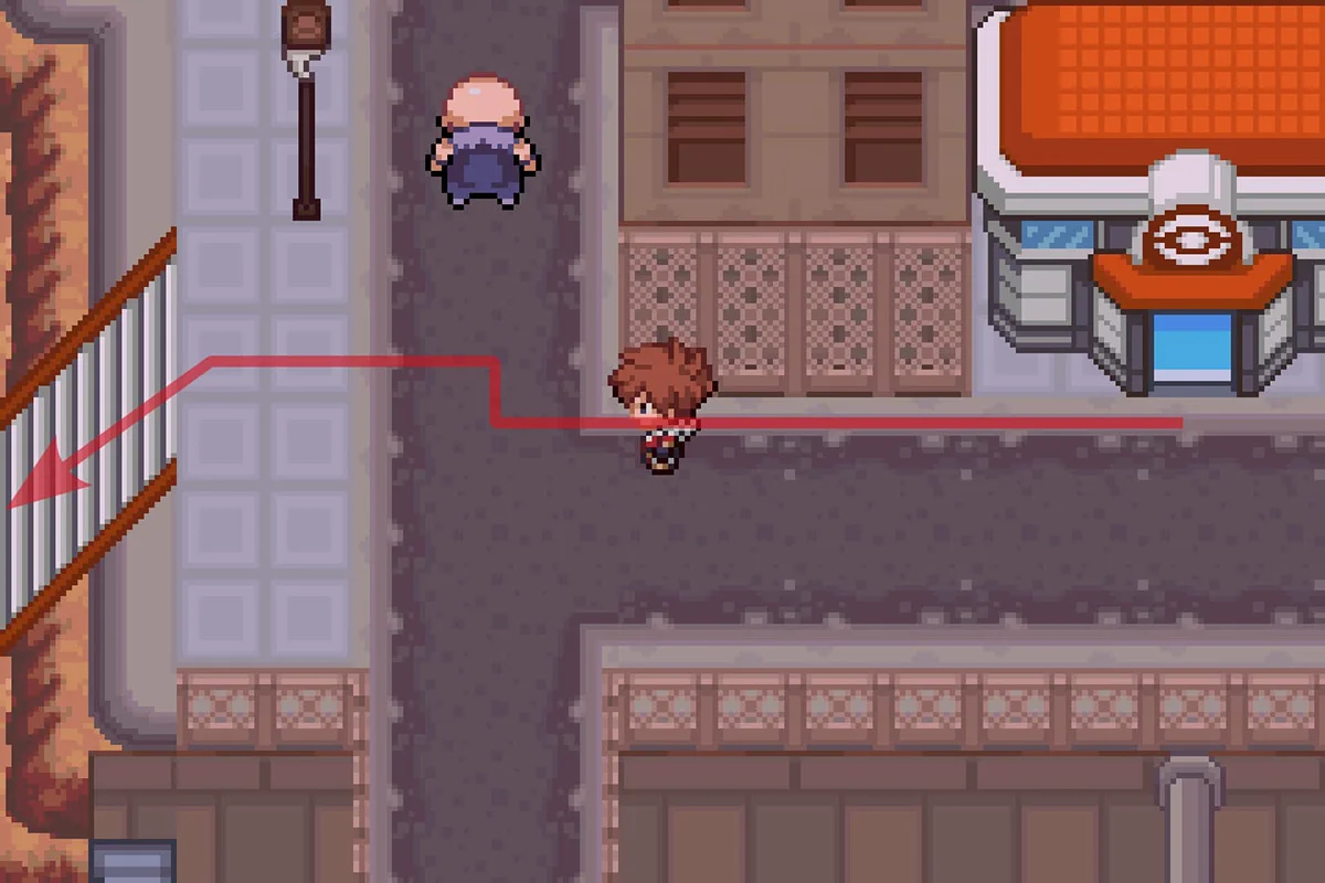 Going down the stairs West of the Antisis City Pokémon Center. / Pokémon Unbound