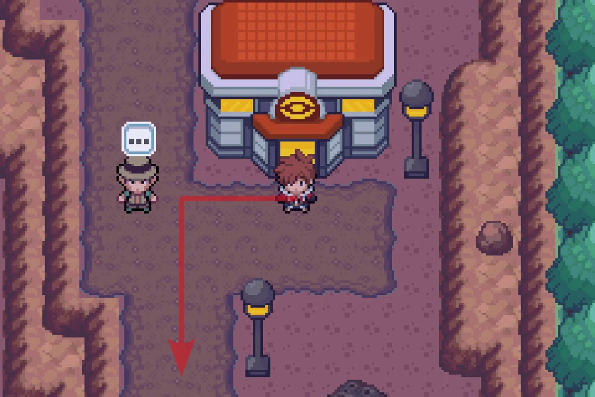 크레이터 마을 포켓몬센터 밖에 서 있는 모습. / Pokémon Unbound