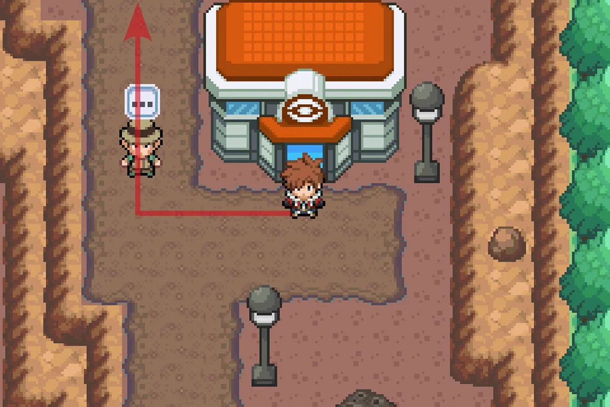 크레이터 마을 포켓몬센터 밖에 서 있는 모습. / Pokémon Unbound