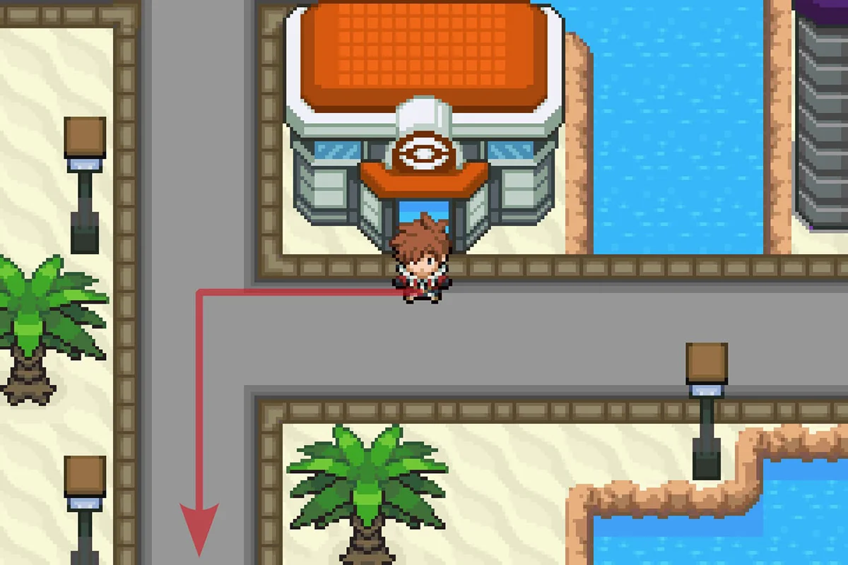 데하라시티 포켓몬 센터 밖에 서 있는 모습. / Pokémon Unbound