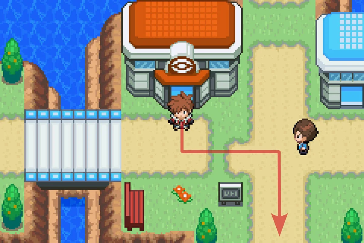 드레스코 타운 포켓몬센터 밖에 서 있는 모습. / Pokémon Unbound