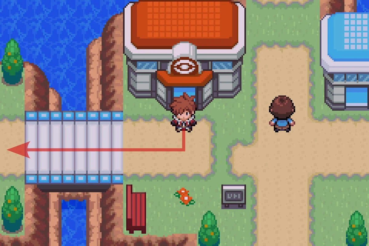 드레스코 타운 포켓몬센터 밖에 서 있는 모습. / Pokémon Unbound