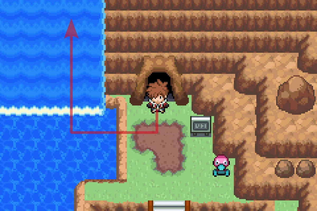 동쪽 신더 화산 입구 밖에 서 있는 모습. / Pokémon Unbound