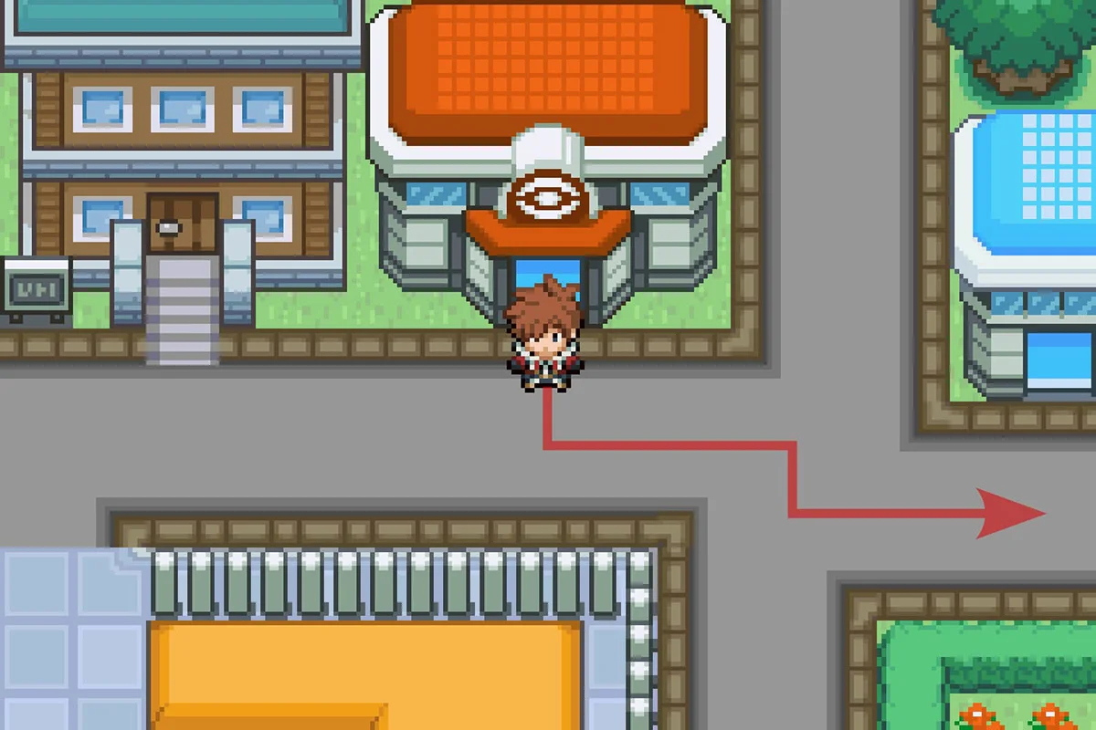 폴쇼어시티 포켓몬 센터 밖에 서 있는 모습. / Pokémon Unbound