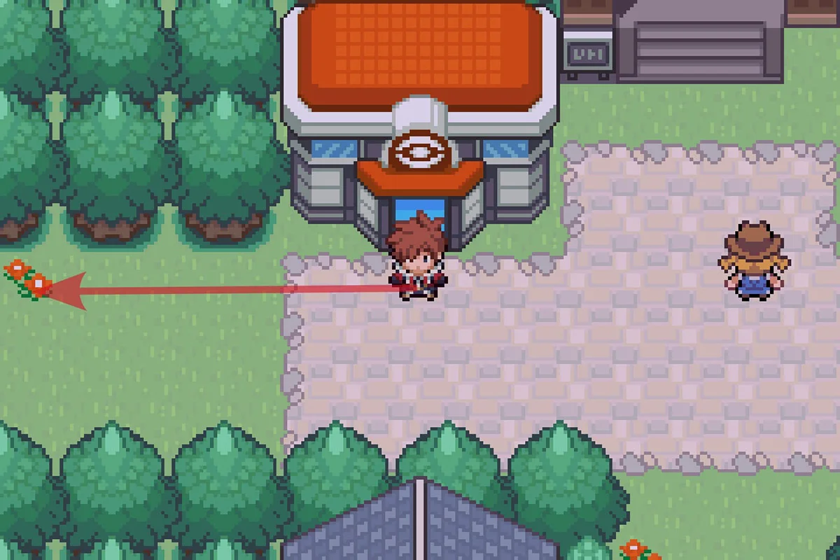 시포트시티 포켓몬센터 밖에 서 있는 모습. / Pokémon Unbound