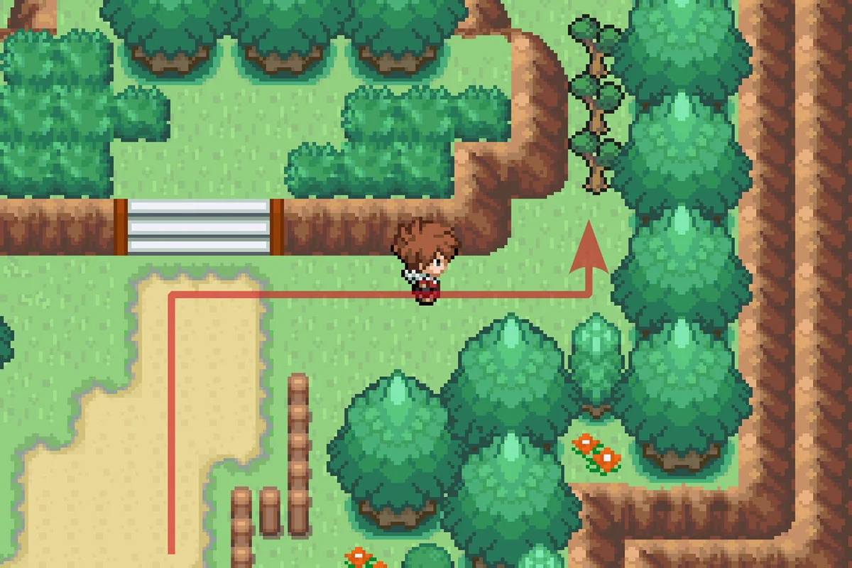 풀베기를 사용할 수 있는 세 그루의 나무에 접근하는 모습. / Pokémon Unbound