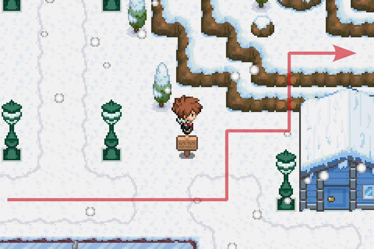 구석 집 동쪽에 있는 벽을 오르는 모습. / Pokémon Unbound