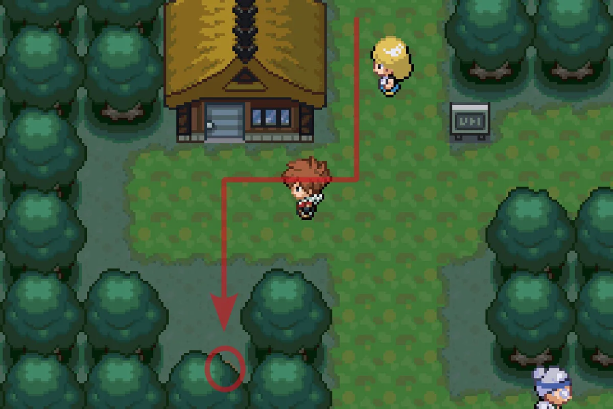 갈색 집 남쪽에 숨겨진 매지컬샤인 기술머신을 찾는 모습. / Pokémon Unbound