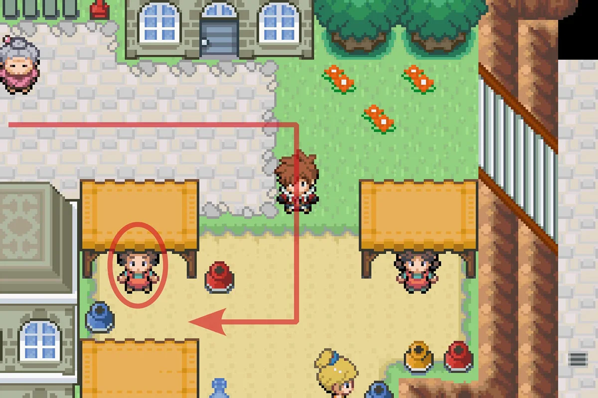 Interacting with the Seaport Mart’s TM Merchant. / Pokémon Unbound