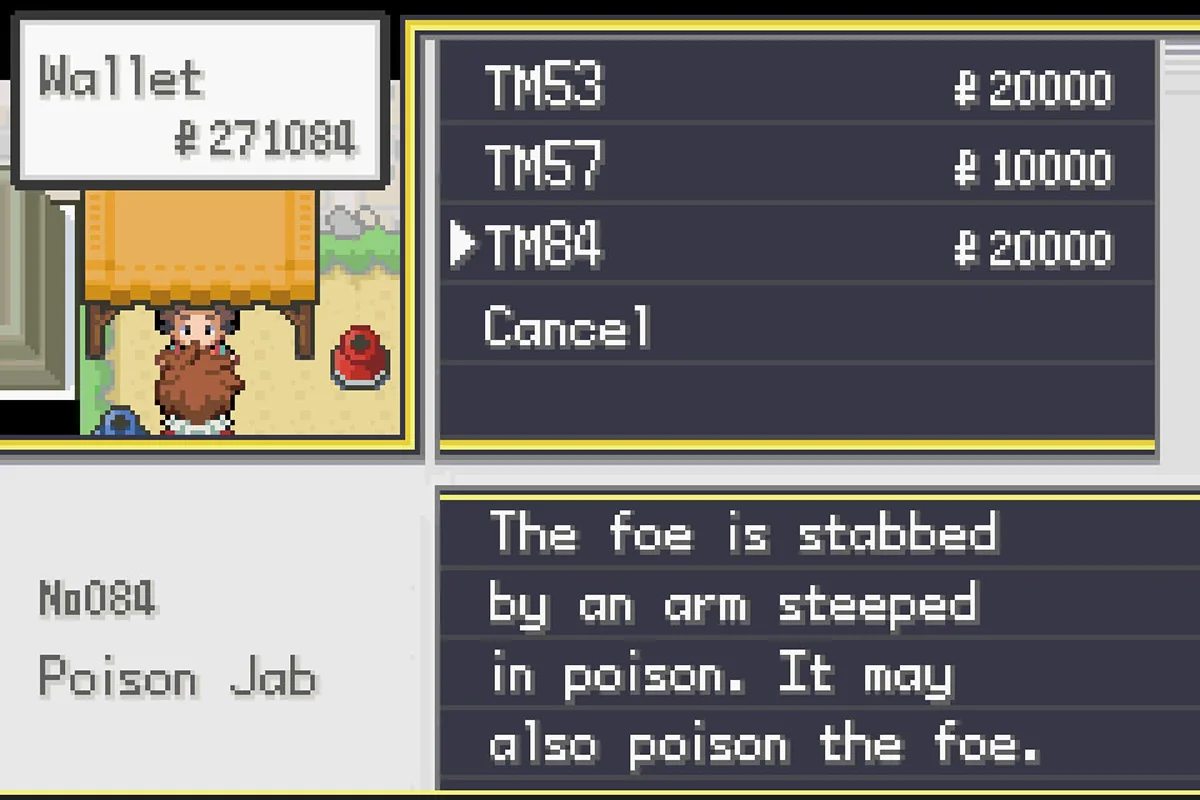 Buying Poison Jab for 20,000 Poké Dollars. / Pokémon Unbound