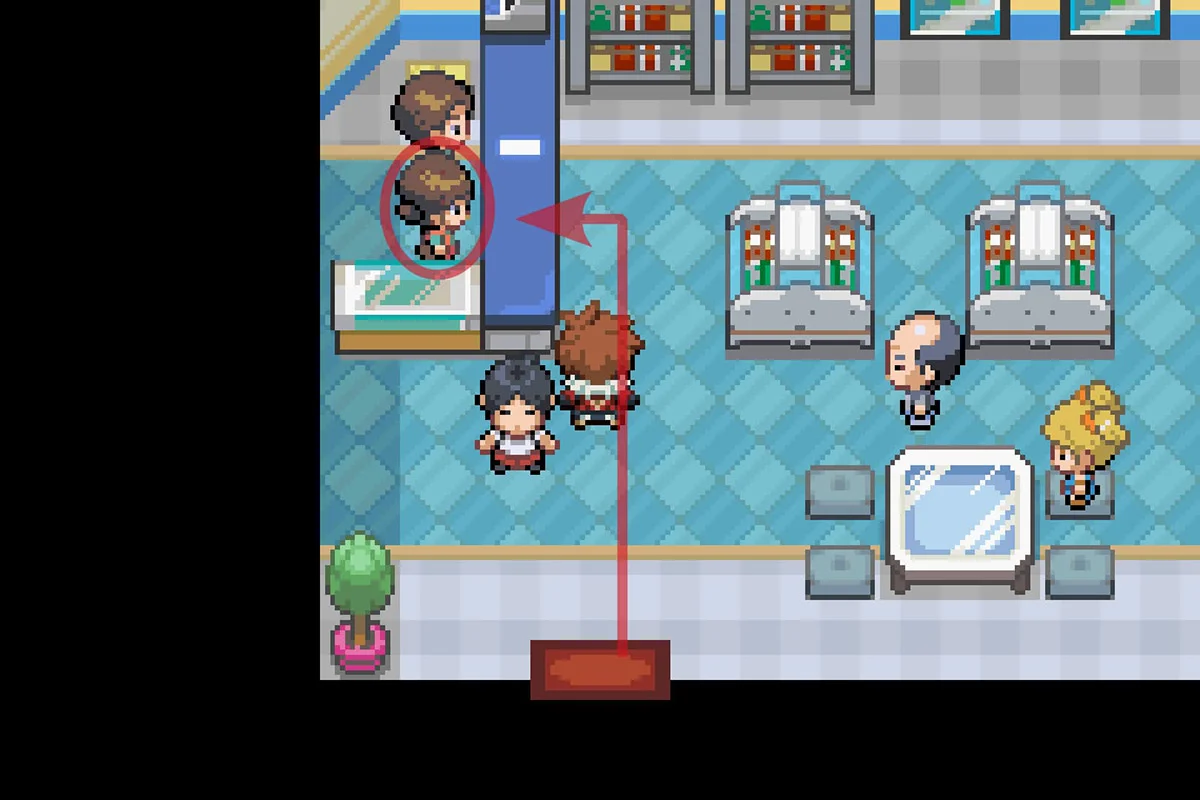 Approaching the woman behind the mart’s counter. / Pokémon Unbound