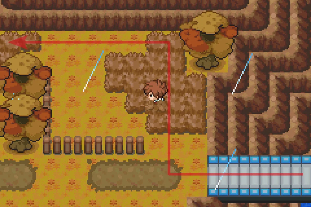 나무 울타리 뒤 경로를 타는 모습. / Pokémon Unbound