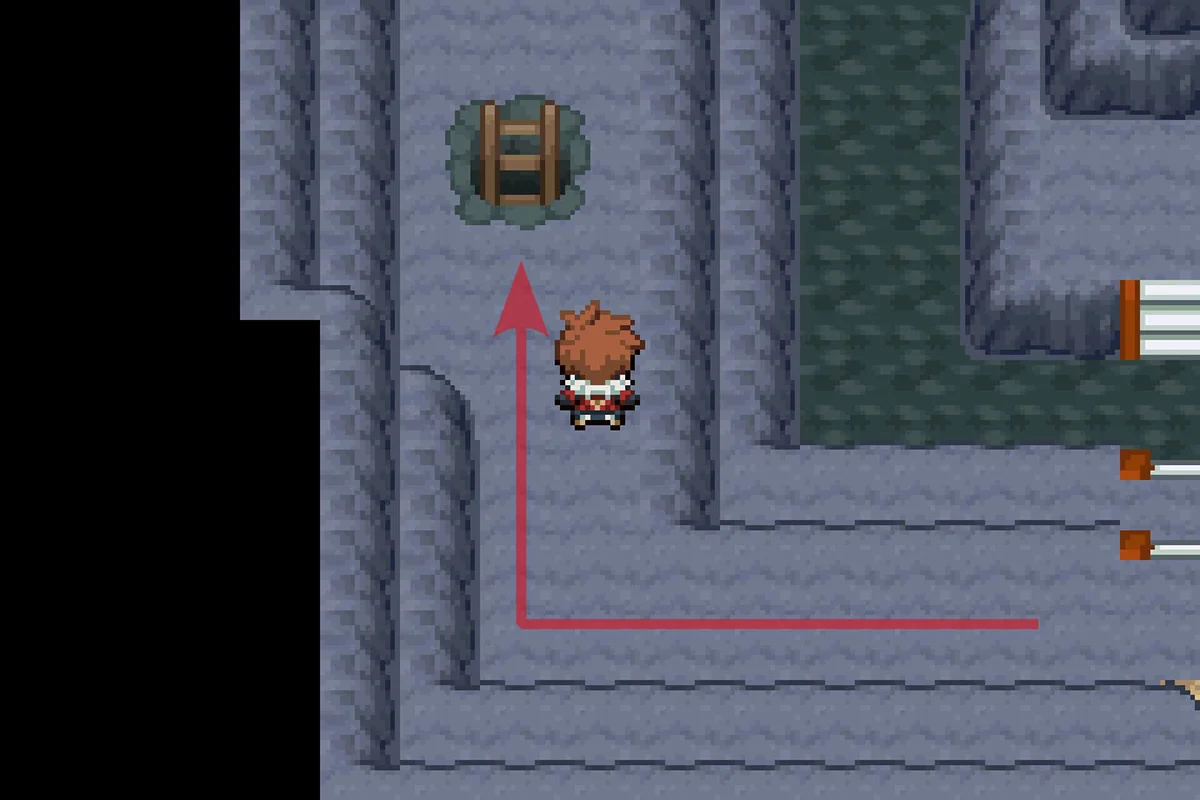 Using the ladder to go to the cave’s maze area. / Pokémon Unbound
