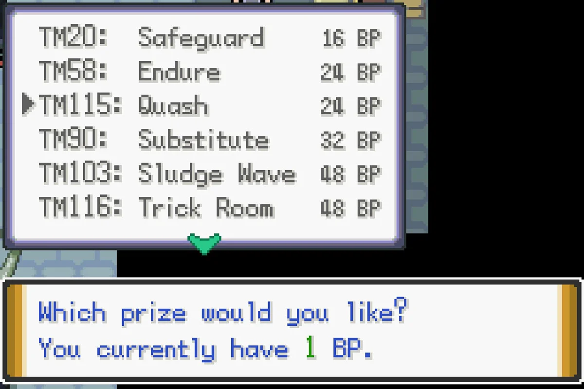 24 배틀포인트로 순서미루기 기술머신을 획득하는 모습. / Pokémon Unbound