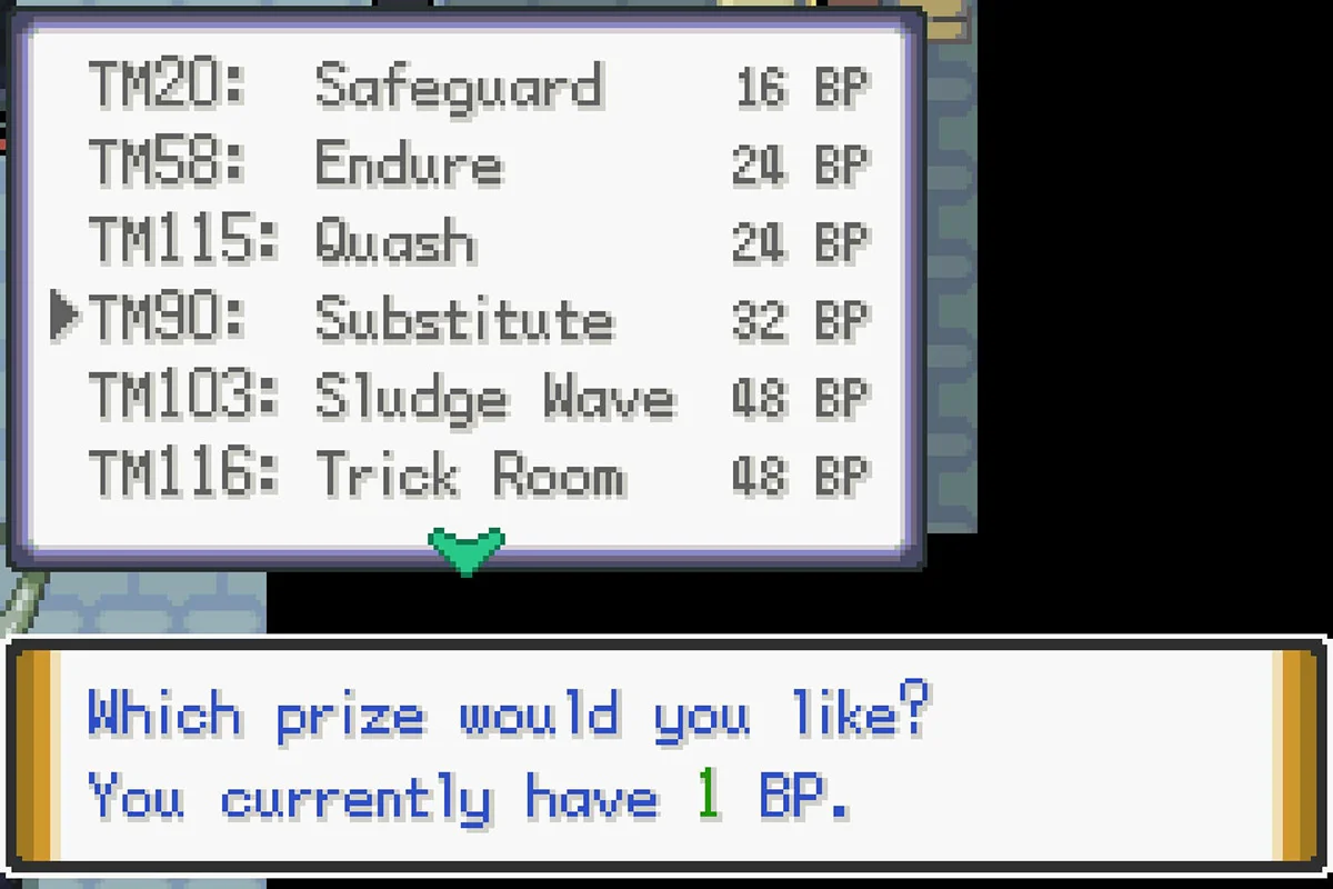 Acquiring the Substitute TM for 32 Battle Points. / Pokémon Unbound