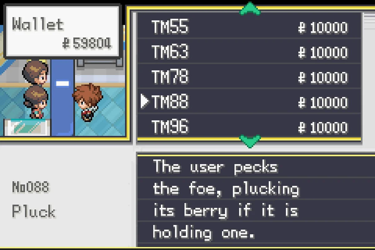 Buying Pluck for 10,000 Poké Dollars. / Pokémon Unbound