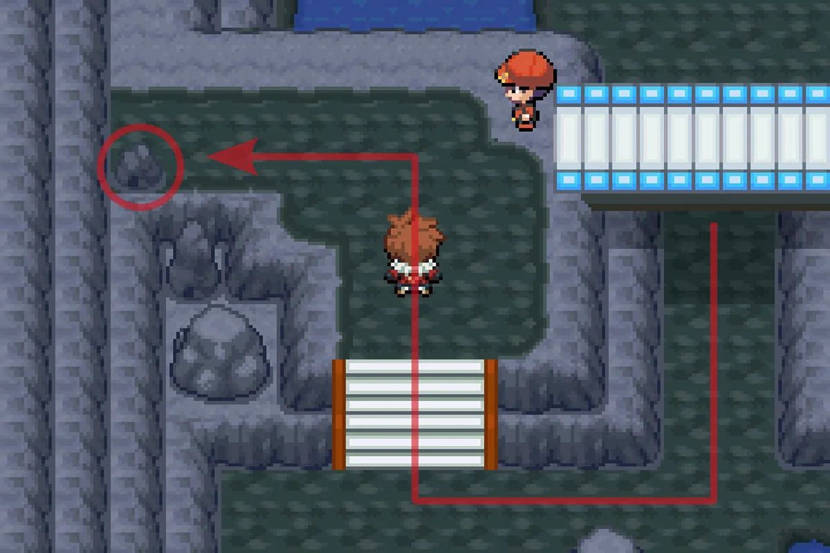 숨겨진 버튼이 있는 바위와 상호작용하는 모습. / Pokémon Unbound