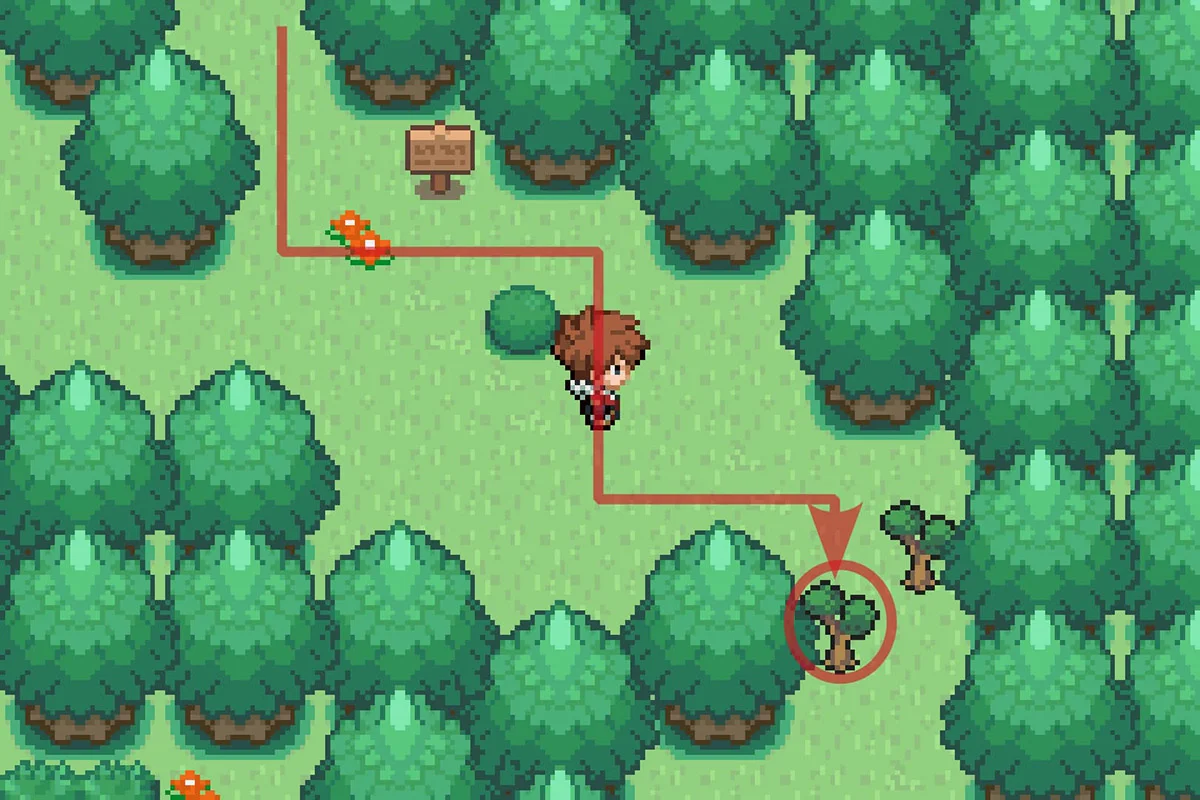 나무에 풀베기를 사용하여 계속 남쪽으로 이동. / Pokémon Unbound