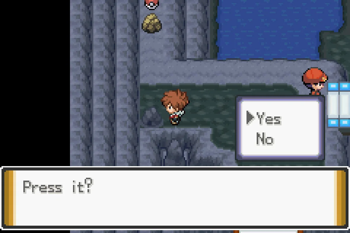 숨겨진 버튼을 누를지 묻는 모습. / Pokémon Unbound