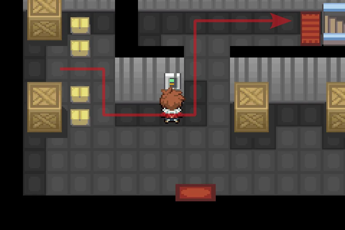 창고 깊은 곳으로 이어지는 계단을 이용하는 모습. / Pokémon Unbound