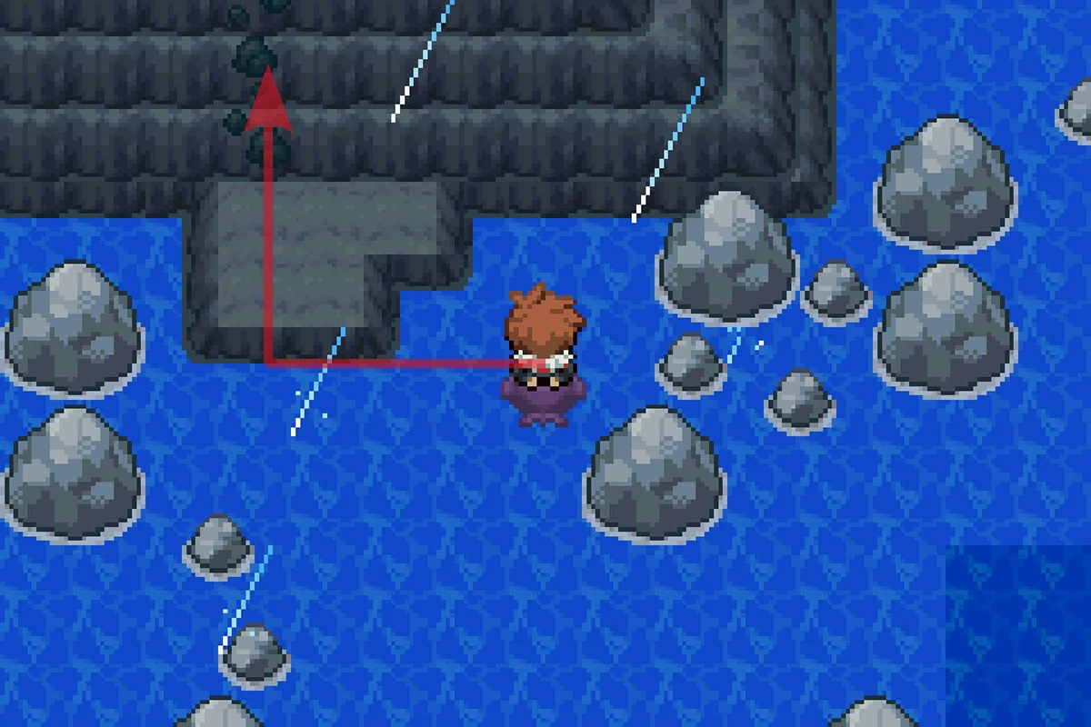 북쪽 플랫폼으로 파도타기 해서 벽을 락클라임 (Rock Climb)으로 오르는 모습. / Pokémon Unbound