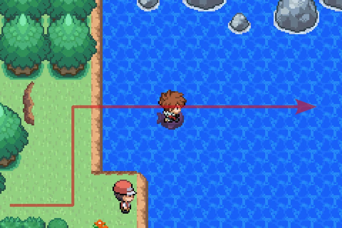 파도타기를 사용하여 섬을 떠나 동쪽으로 이동. / Pokémon Unbound