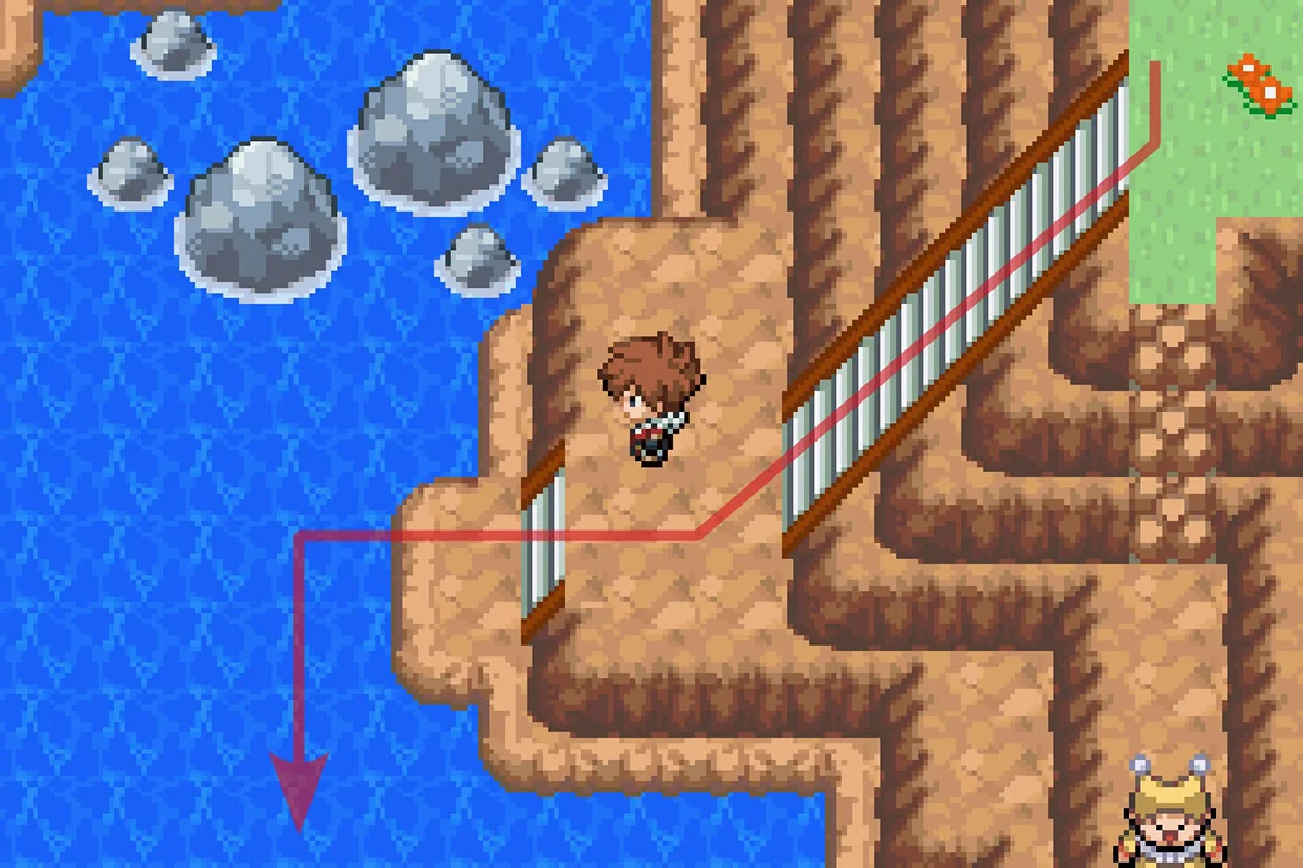 계단을 내려간 후 파도타기를 이용하여 남쪽으로 가는 모습. / Pokémon Unbound