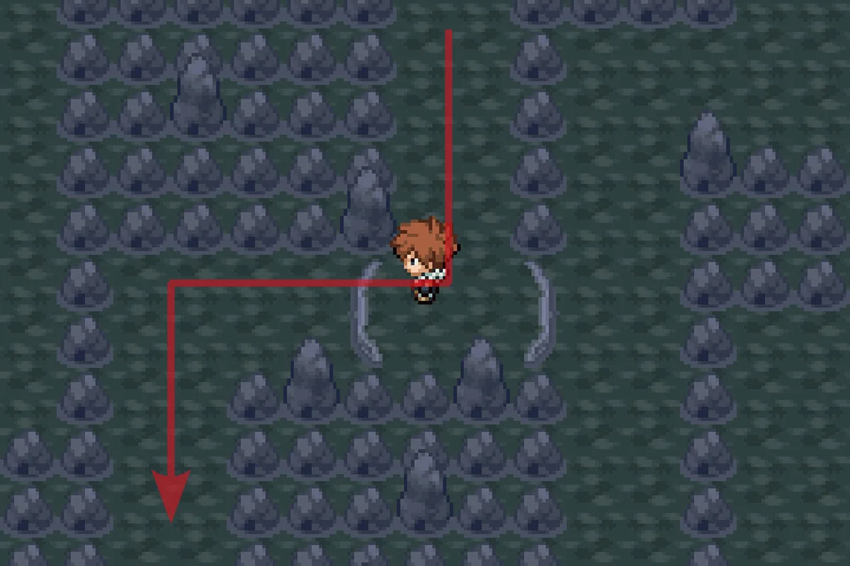 Jumping off the West ledge and continuing on the path. / Pokémon Unbound