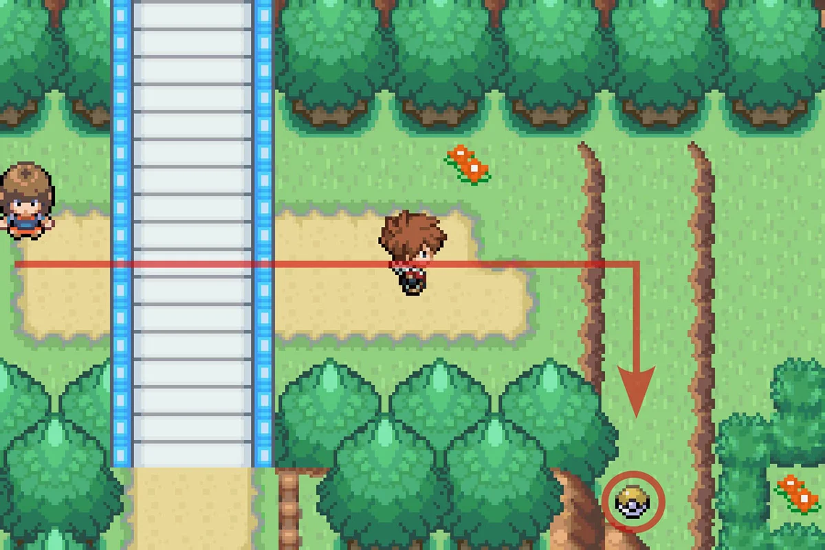 두 개의 절벽 사이 길 끝에서 기술머신 벌레의저항 (Struggle Bug)을 찾는 모습. / Pokémon Unbound