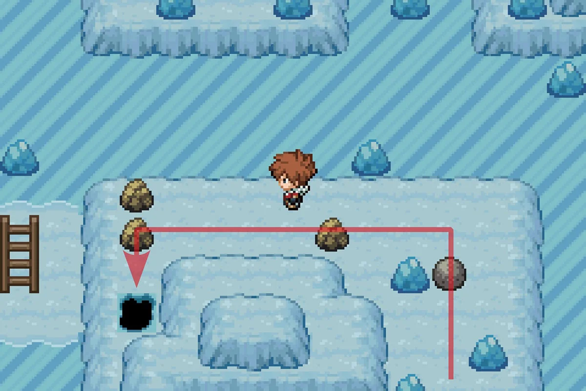 Pushing the boulder down the hole using Strength. / Pokémon Unbound