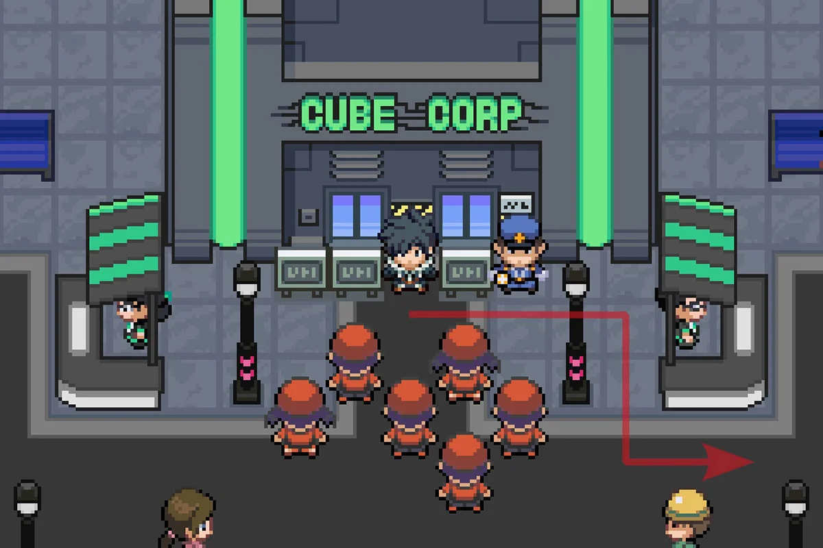 Going east from the main Cube Corp. building. / Pokémon Unbound