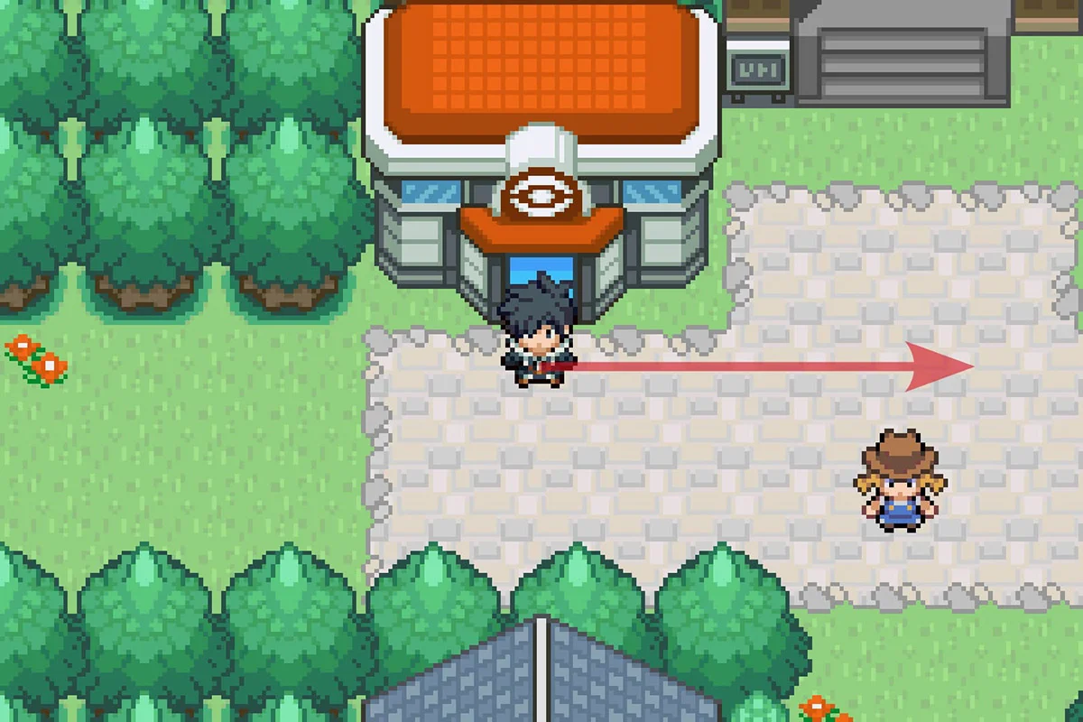 Standing outside of the Seaport City Pokemon Center. / Pokémon Unbound