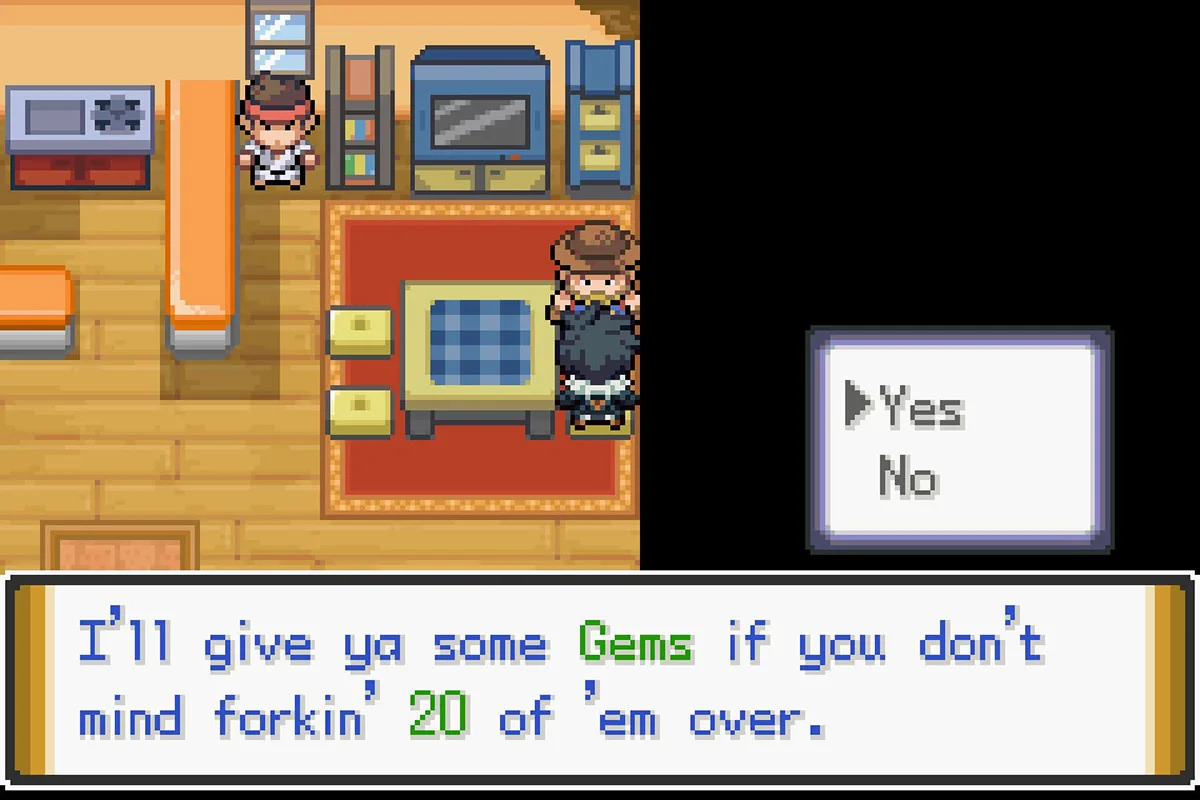 The Gem NPC asking for Hard Stones. / Pokémon Unbound