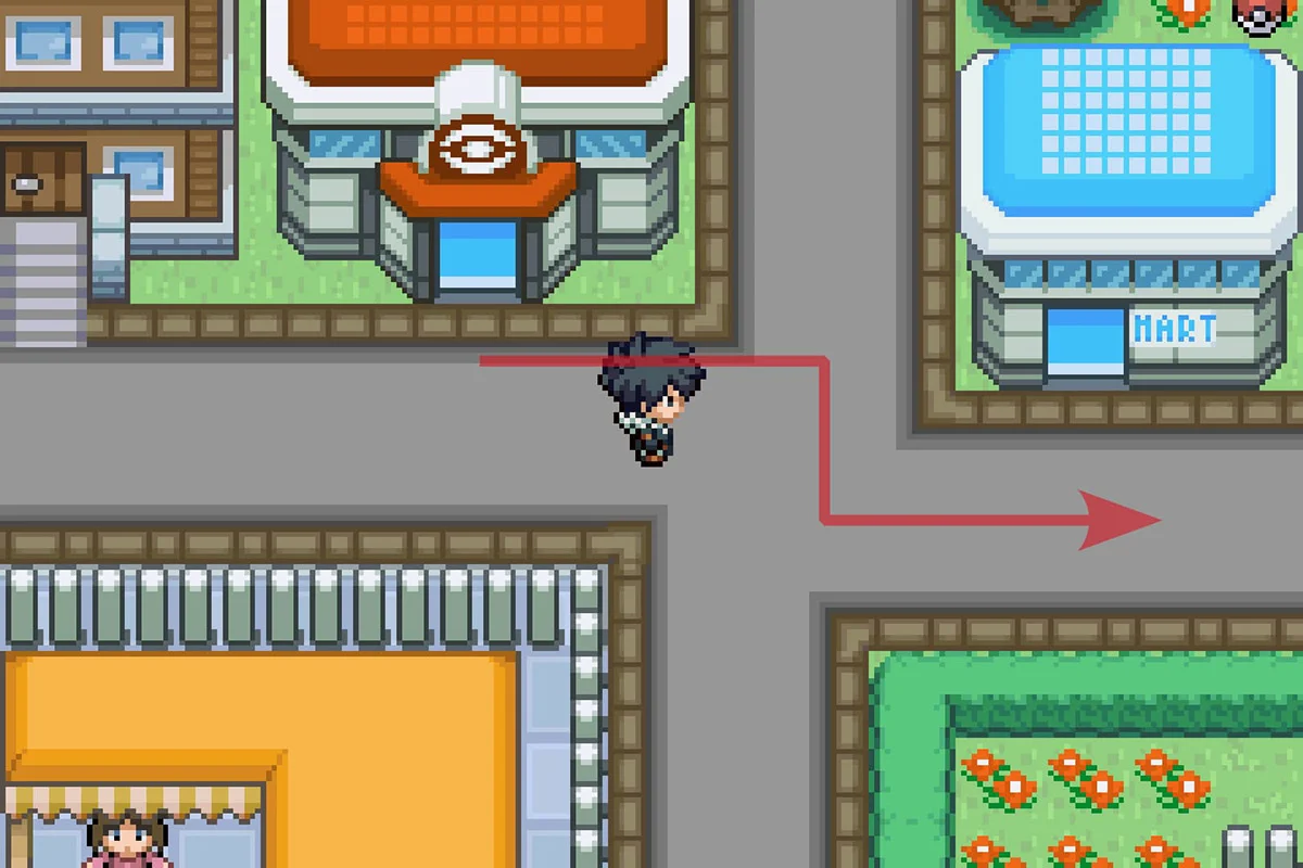 Going east from the Fallshore City Pokemon Center. / Pokémon Unbound