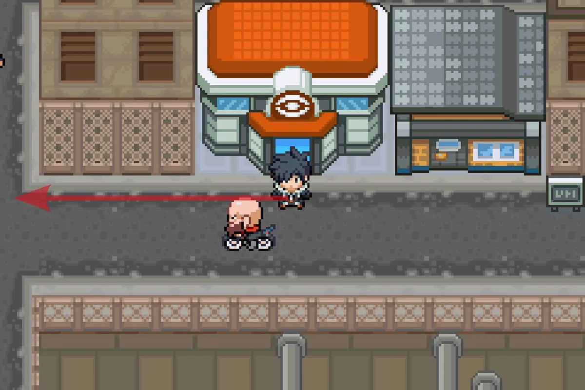Standing outside of the Antisis City Pokemon Center. / Pokémon Unbound