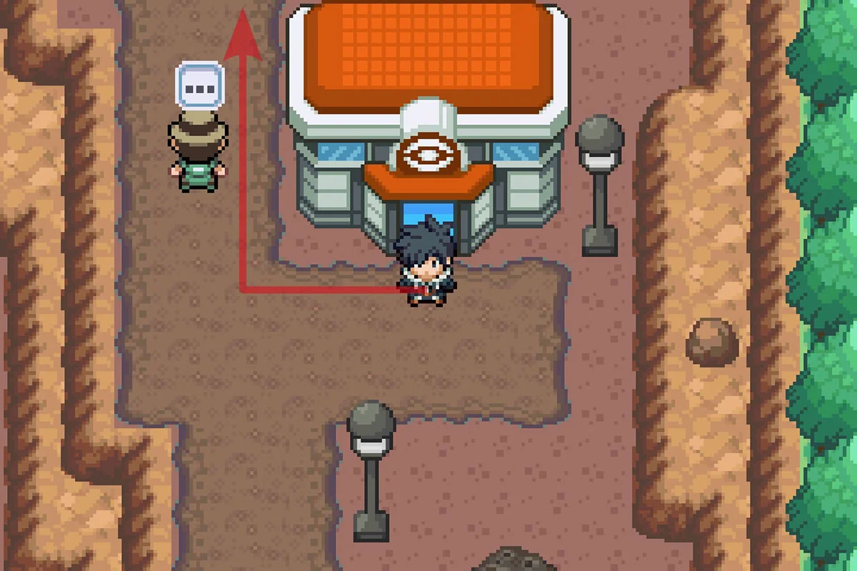 Standing outside of the Crater Town Pokemon Center. / Pokémon Unbound