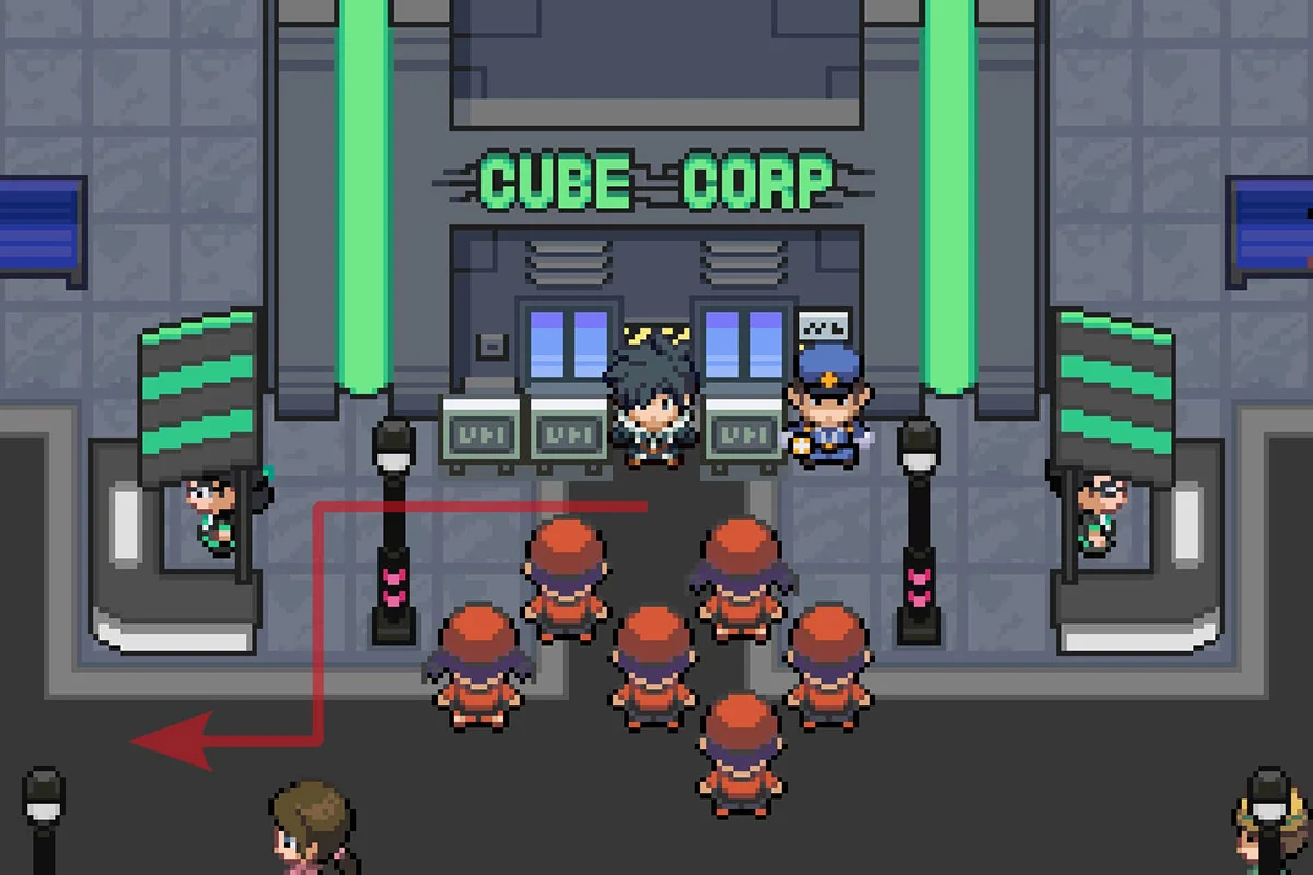 Standing outside of the main Cube Corp. building. / Pokémon Unbound