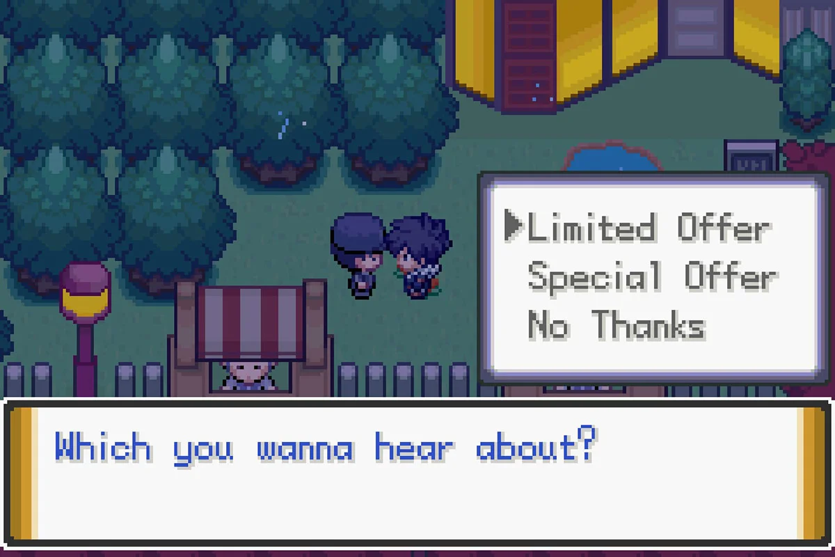 The two services the Shady Man offers. / Pokémon Unbound