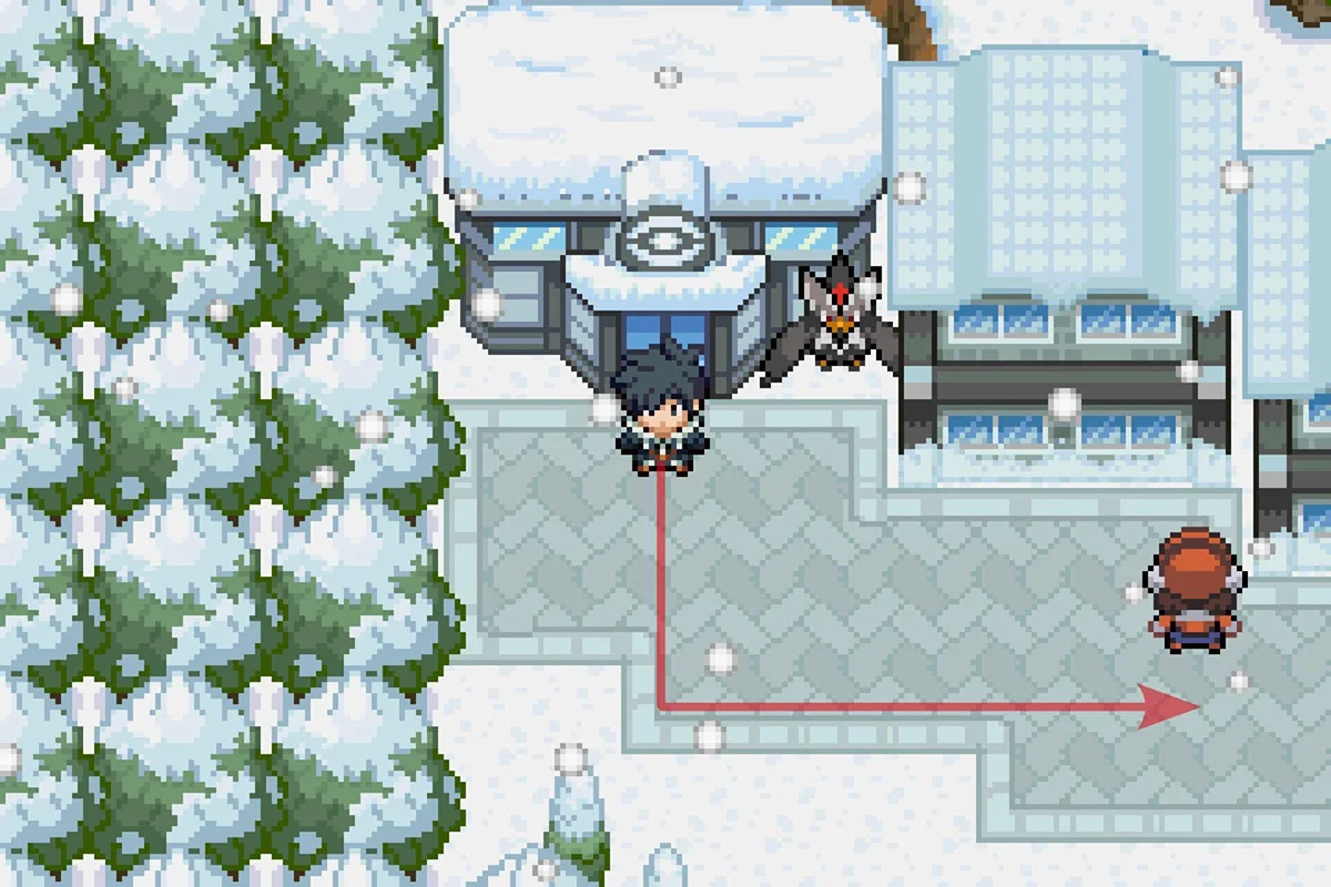 블리자드 시티 포켓몬 센터 밖에 서 있는 모습.