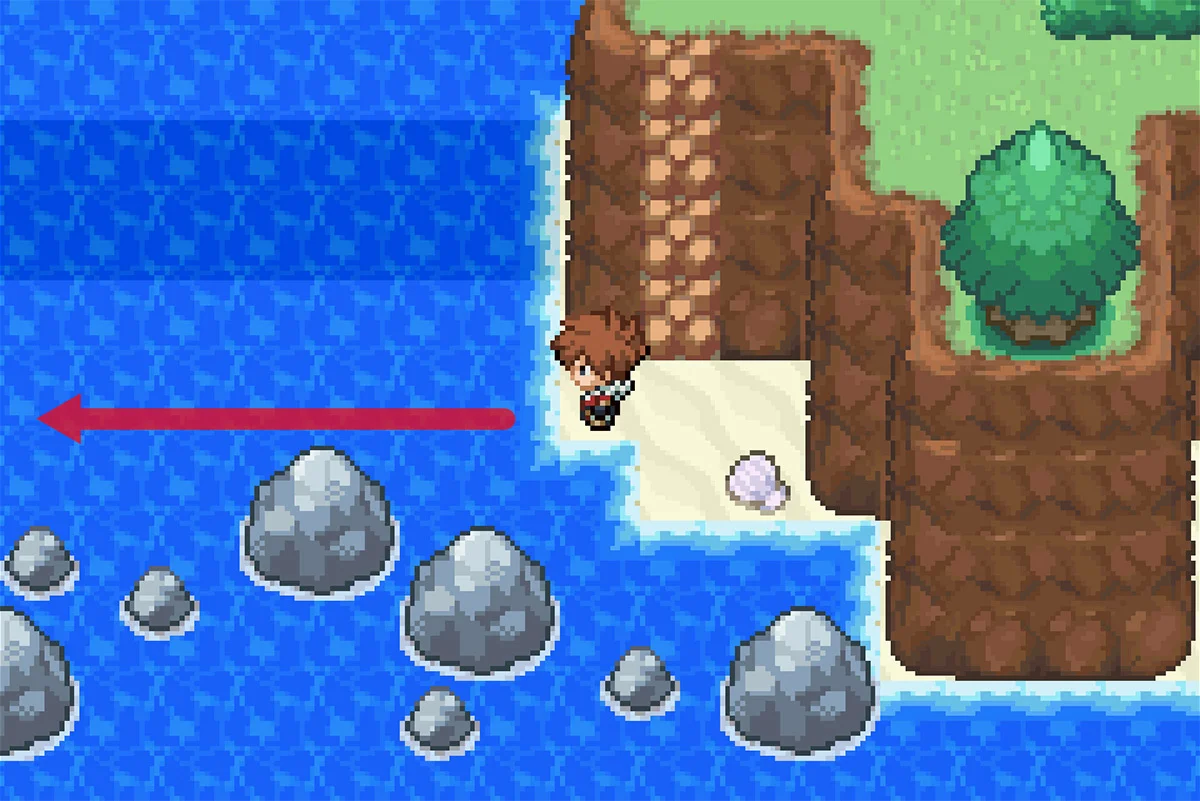 물에서 파도타기하여 바위 무리에 도달