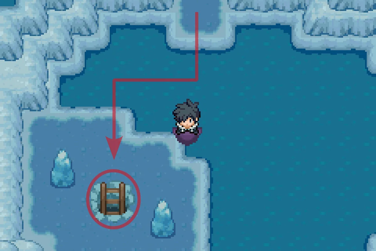 Taking the ladder down to Icicle Cave’s slippery ice area. / Pokémon Unbound