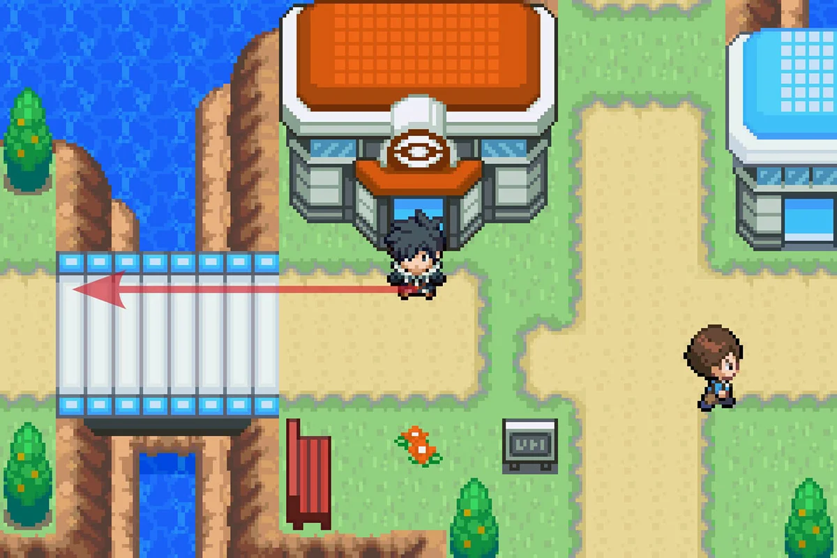 Standing outside of the Dresco Town Pokemon Center. / Pokémon Unbound