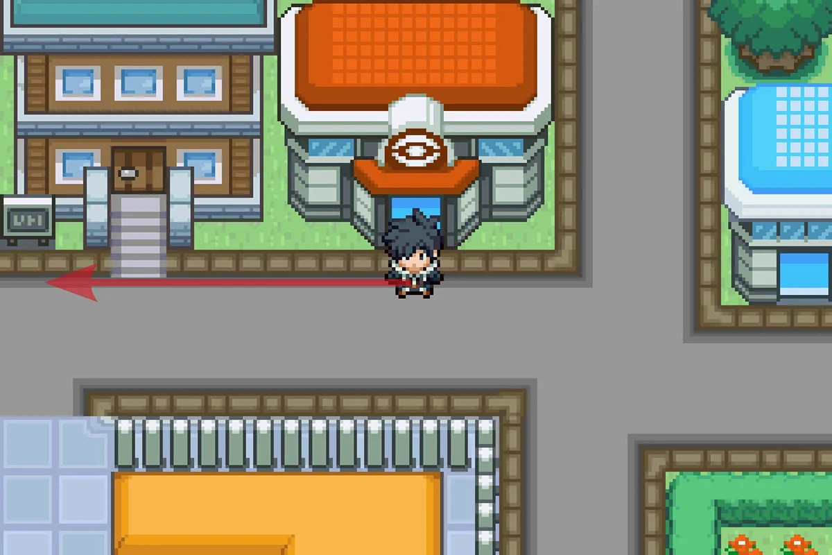 Standing outside of the Fallshore City Pokemon Center. / Pokémon Unbound