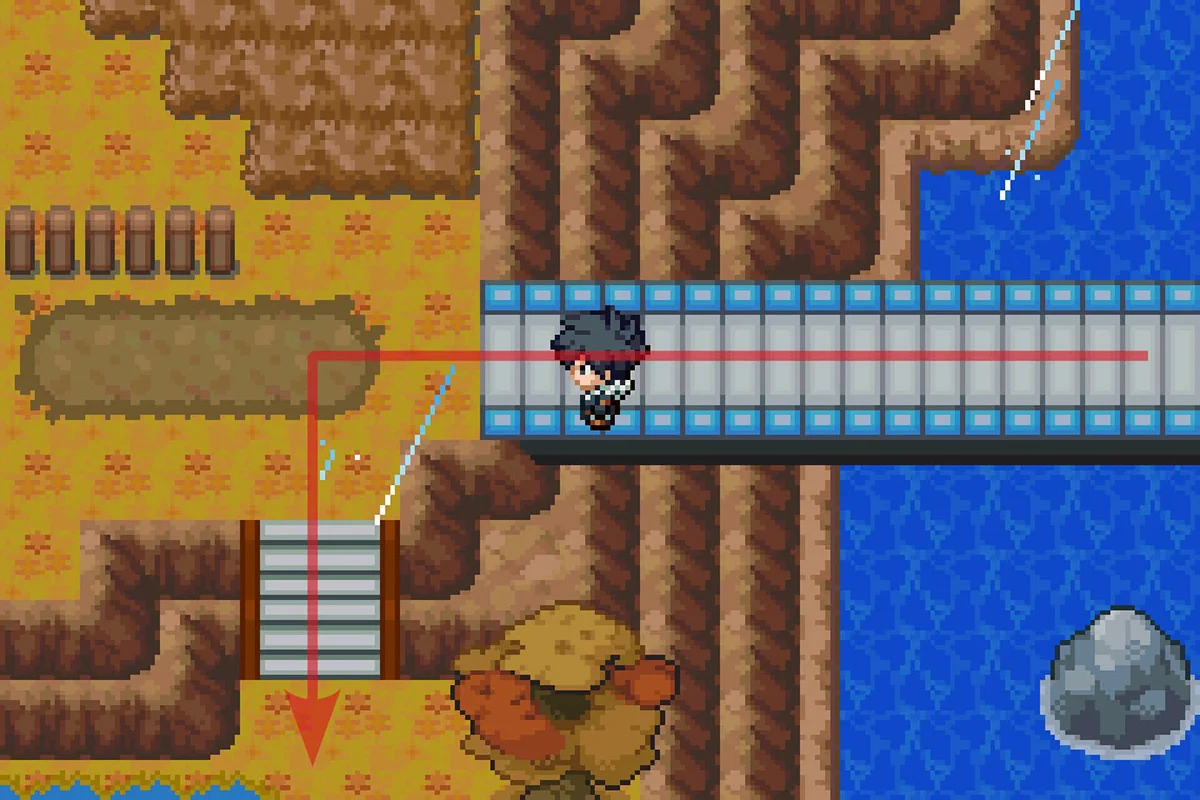 Crossing the blue bridge and going south. / Pokémon Unbound