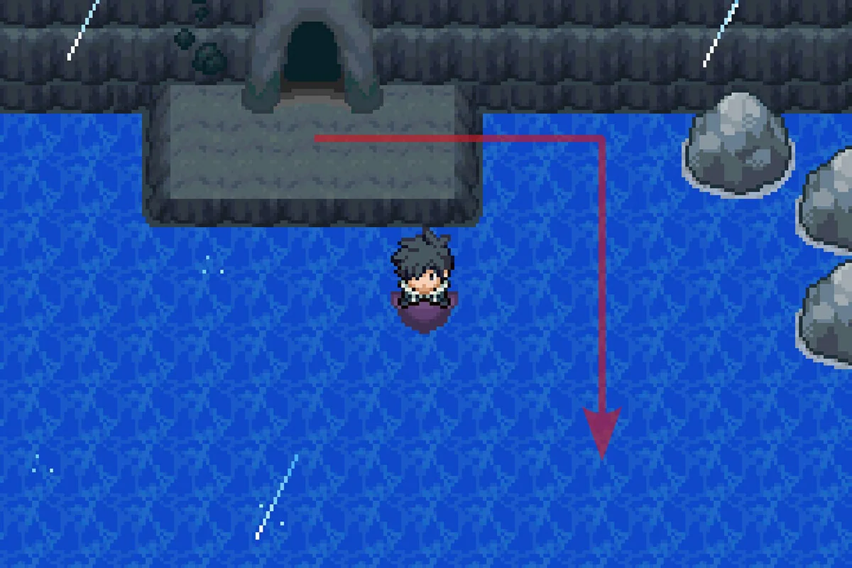 Surfing south from the Ruins of Void entrance. / Pokémon Unbound