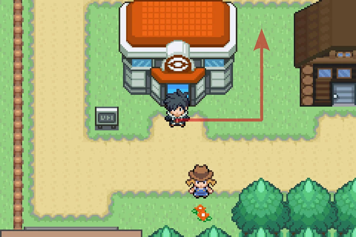 매그놀리아 타운 포켓몬 센터 밖에 서 있는 모습.