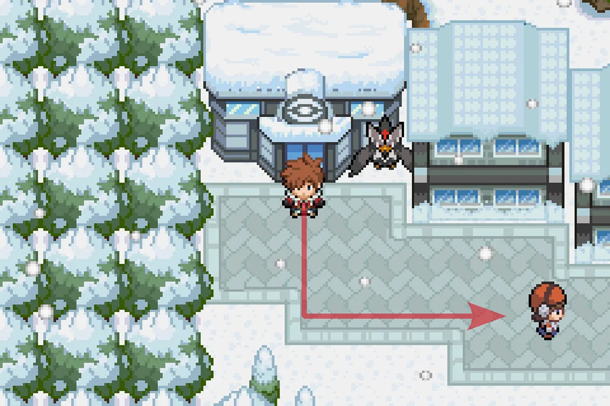 블리자드시티 포켓몬센터 밖에 서 있는 모습. / Pokémon Unbound