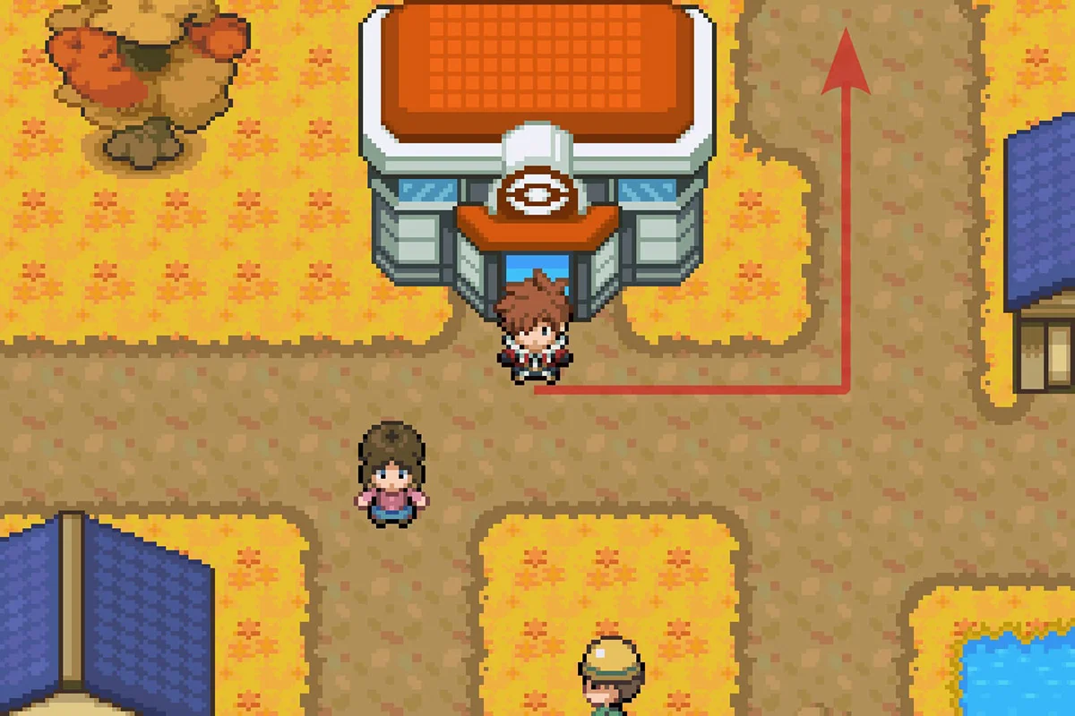 텔 마을 포켓몬센터 밖에 서 있는 모습. / Pokémon Unbound