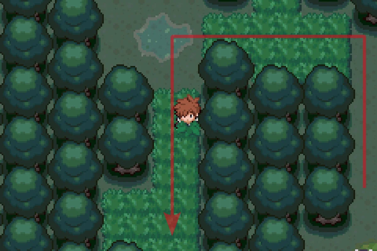 서쪽 나무 주위를 돌아 남쪽으로 가는 모습. / Pokémon Unbound