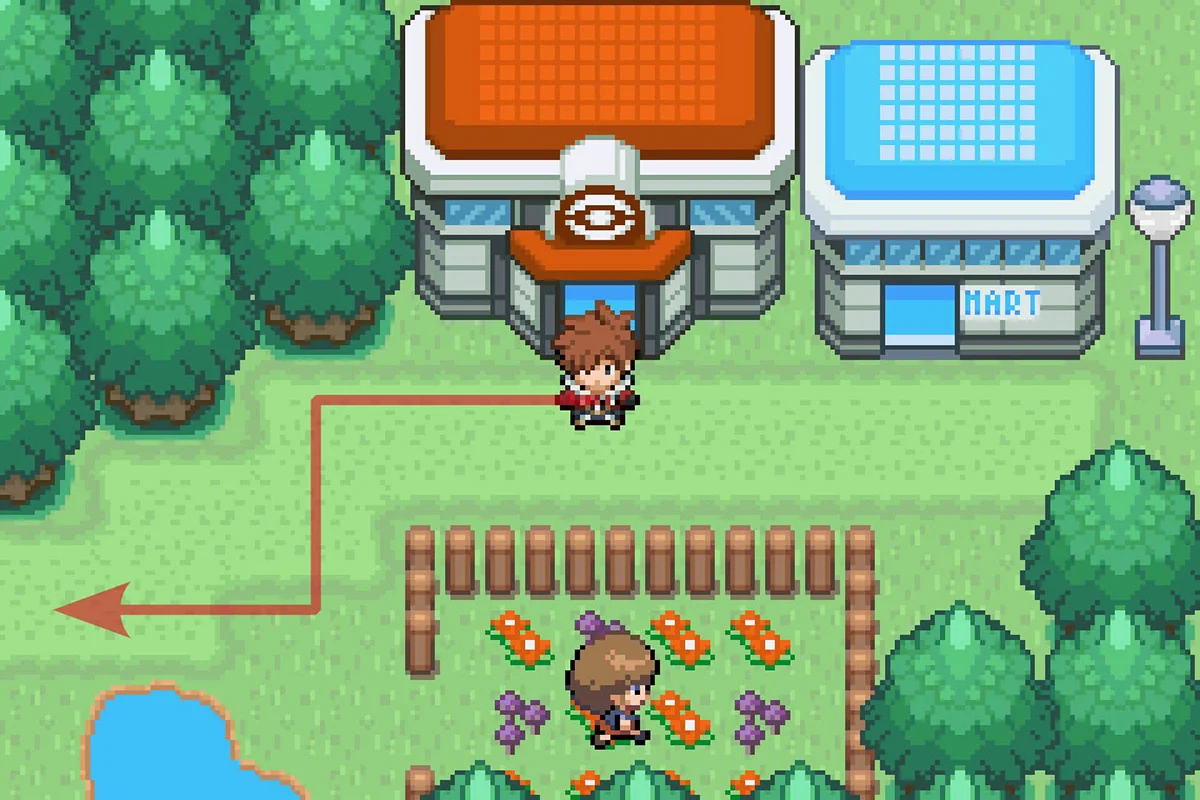 비빌 마을 포켓몬센터 밖에 서 있는 모습. / Pokémon Unbound